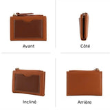 Petit porte carte pour femme en cuir marron.Quatre images montrent divers aspects du produit (avant, arrière, côté et incliné).
