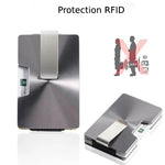 Le produit est montré de face et avec un angle de 45° avec un logo montrant qu'il inclut la protection RFID.