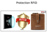 A gauche, un appareil qui cherche à capter les données bancaires, au milieu, un bouclier RFID et à droite, le produit en cuir marron;
