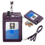 Porte carte bancaire avec tour de cou en cuir violet.