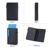 Quatre images montrent les différentes facettes du produit en cuir noir (recto, verso, côté et intérieur).