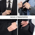 Quatre photo répartis sur l'image montrent des hommes qui rangent le porte carte dans leur costume et leur pantalon.