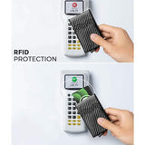 Deux images montrent une main tenant le porte cartes, une avec une carte sortant et sans protection RFID en bas et une en haut sans carte qui sort et avec la protection RFID activée.