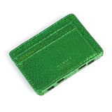Porte carte magique pour femme en cuir à paillettes vertes.