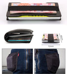En haut, le modèle vu en contrebas, au milieu, la différence entre un portefeuille et le porte-cartes et en bas, comment ils entrent dans une poche de jean.