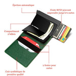 Le porte-cartes bancaire est ouvert et des cases montrent les diverses ouvertures du modèle (compartiment à billets, fentes RFID et fentes normales).