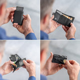 Divisée en quatre images, on voit un homme se servir du porte-cartes et de ses différentes fonctions (portefeuille, porte-cartes et porte-monnaie).
