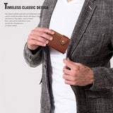 Homme mettant dans sa poche le porte-cartes en cuir de luxe marron.