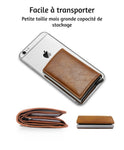 Le porte-cartes est posé sur un IPhone mais également à côté d'un portefeuille.