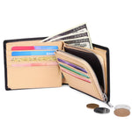 Placé sur un fond blanc, le portefeuille est ouvert, remplie de cartes et de billets avec quelques pièces de monnaie sur sa droite.