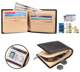 On peut voir le portefeuille ouvert remplit de cartes et de billets avec d'autres images qui montrent ce qu'il peut contenir (cartes, billets et pièces de monnaie).