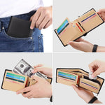 Quatres images séparés nous montrent tous les fonctionnalités du portefeuille porte-cartes avec les billets, la monnaie et les cartes.